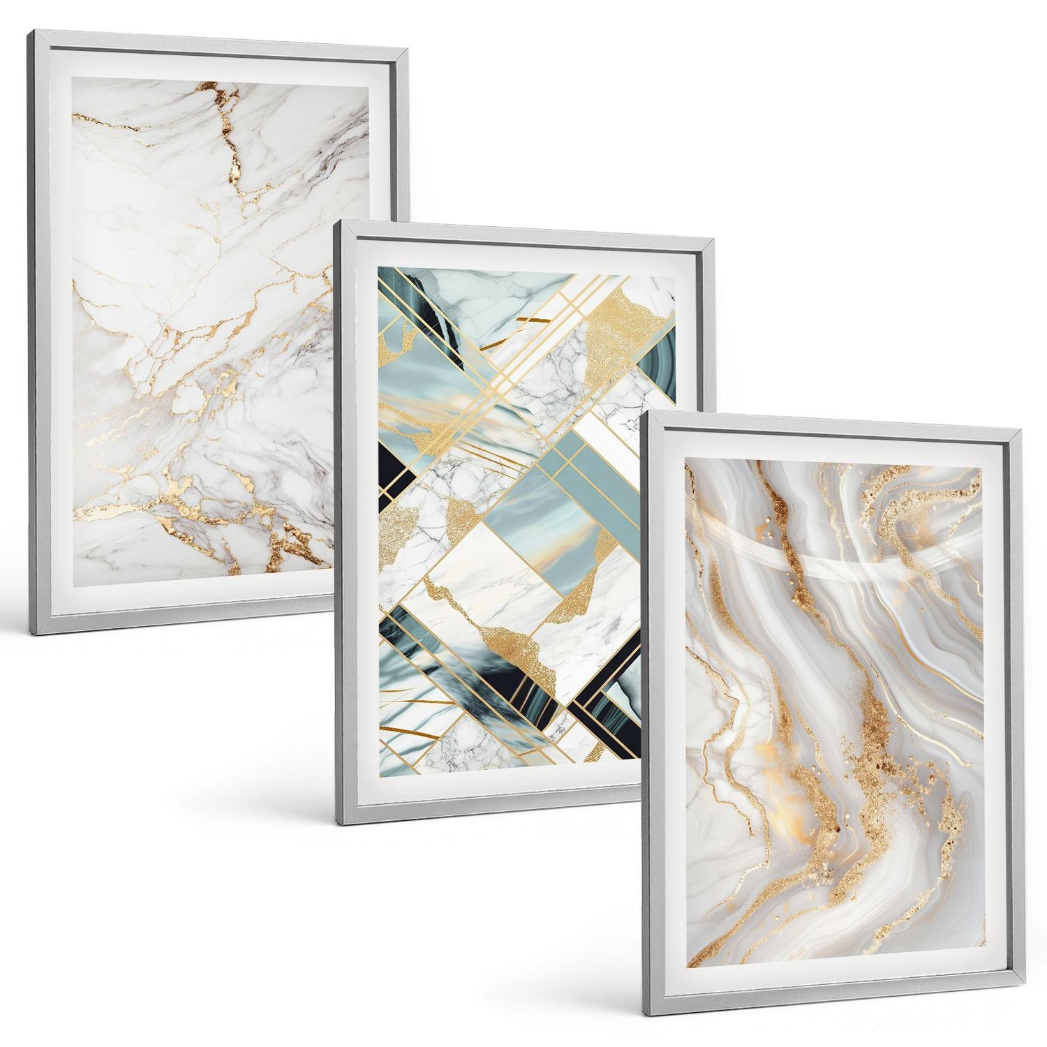 BILDER SET 3er Set - 40x60 cm Silberner Rahmen - Elegante Marmormuster - Silberfarben, Kunststoff (40/60cm) - TULUP