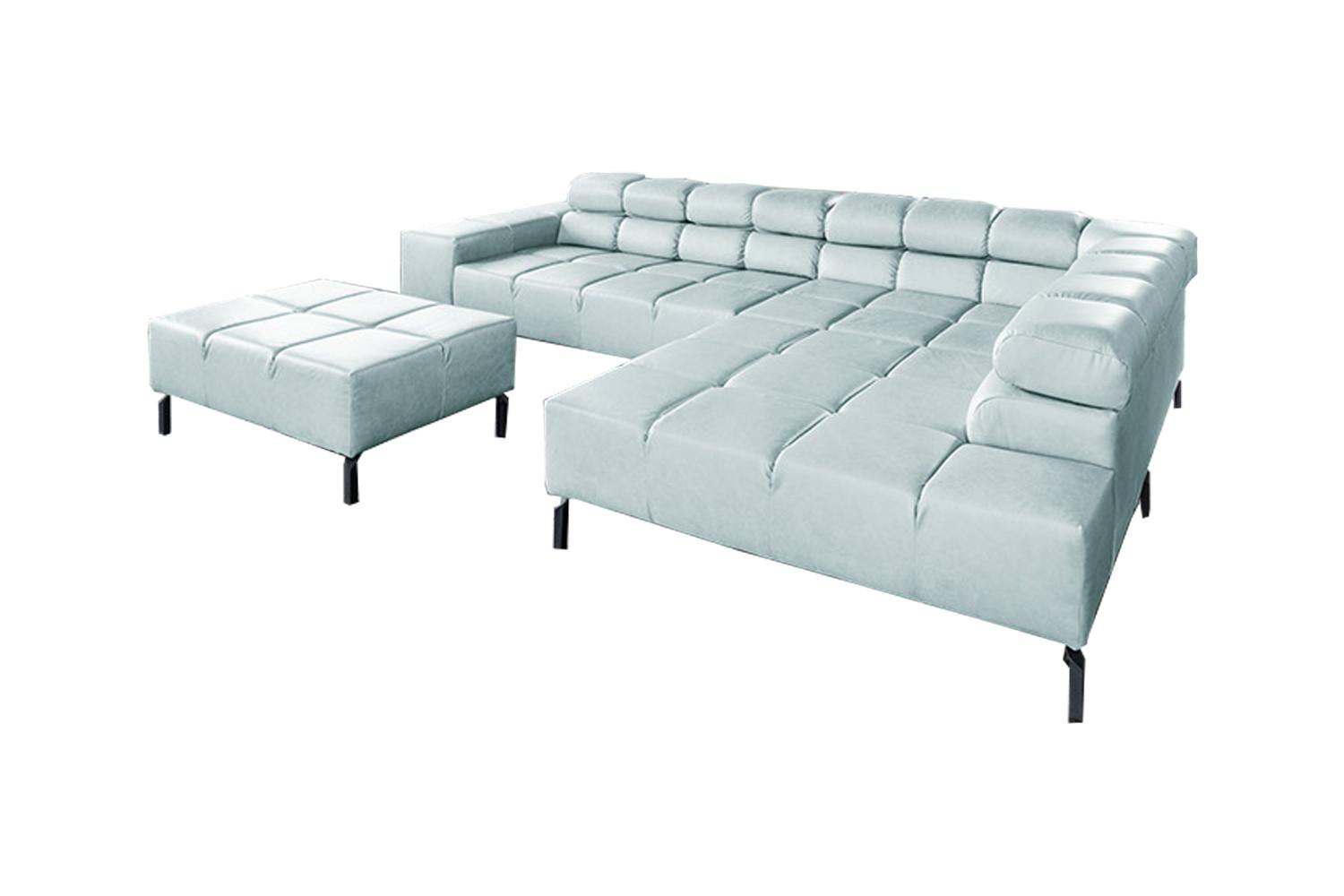 ECKSOFA NELSON Hellblau Leder - Schwarz/Hellblau, Leder/Metall (321/216cm) - KAWOLA