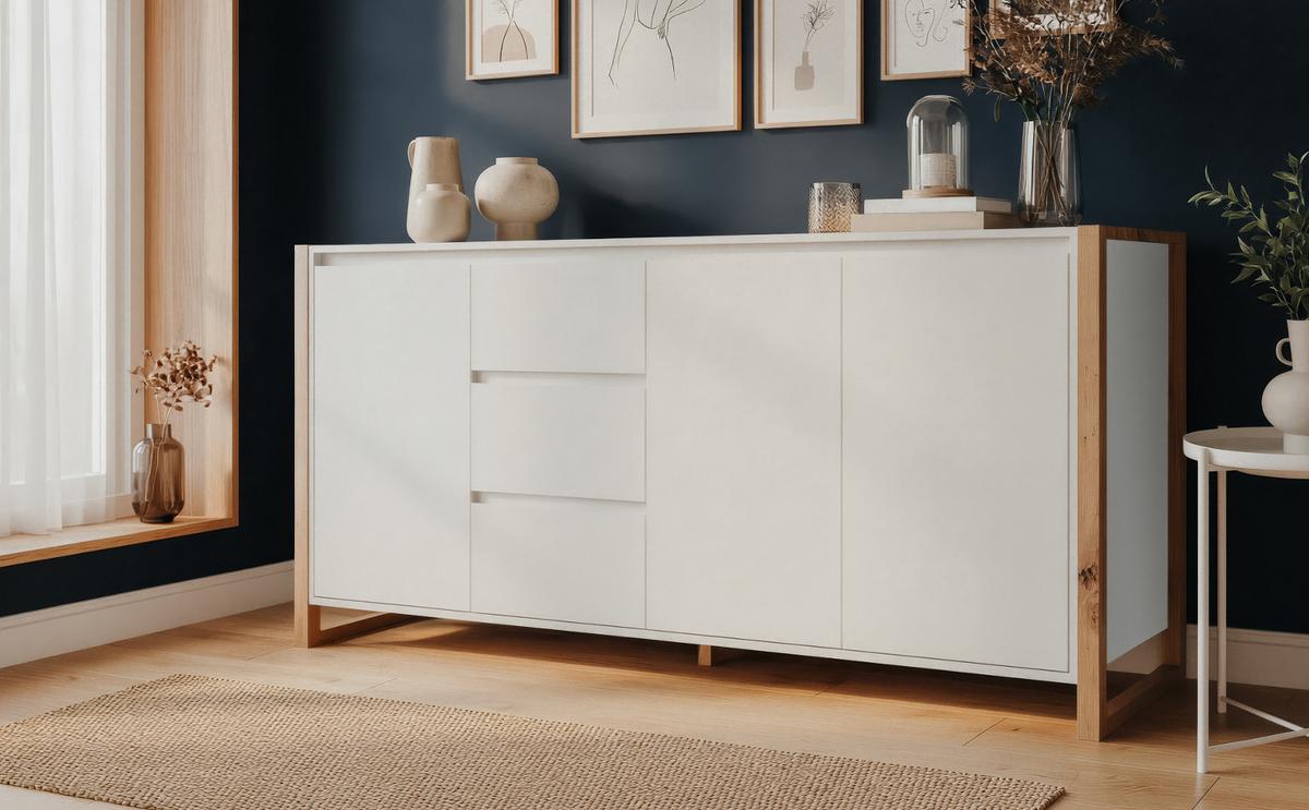 SIDEBOARD weiß, Eiche Artisan 160 x 88 cm, Kommode mit viel Stauraum - Weiß/Eiche Artisan, Holzwerkstoff (160/88/40cm) - Furn.Design