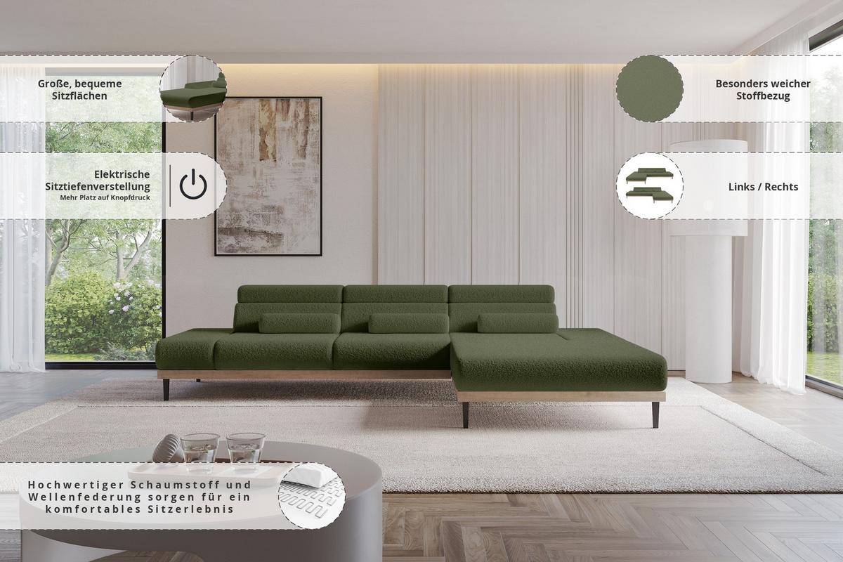 ELEKTRISCHES ECKSOFA Rechts MONA 316x205x85 Grün Bouclé - Olivgrün/Grün, Holzwerkstoff/Textil (316/205cm) - ALTDECOR