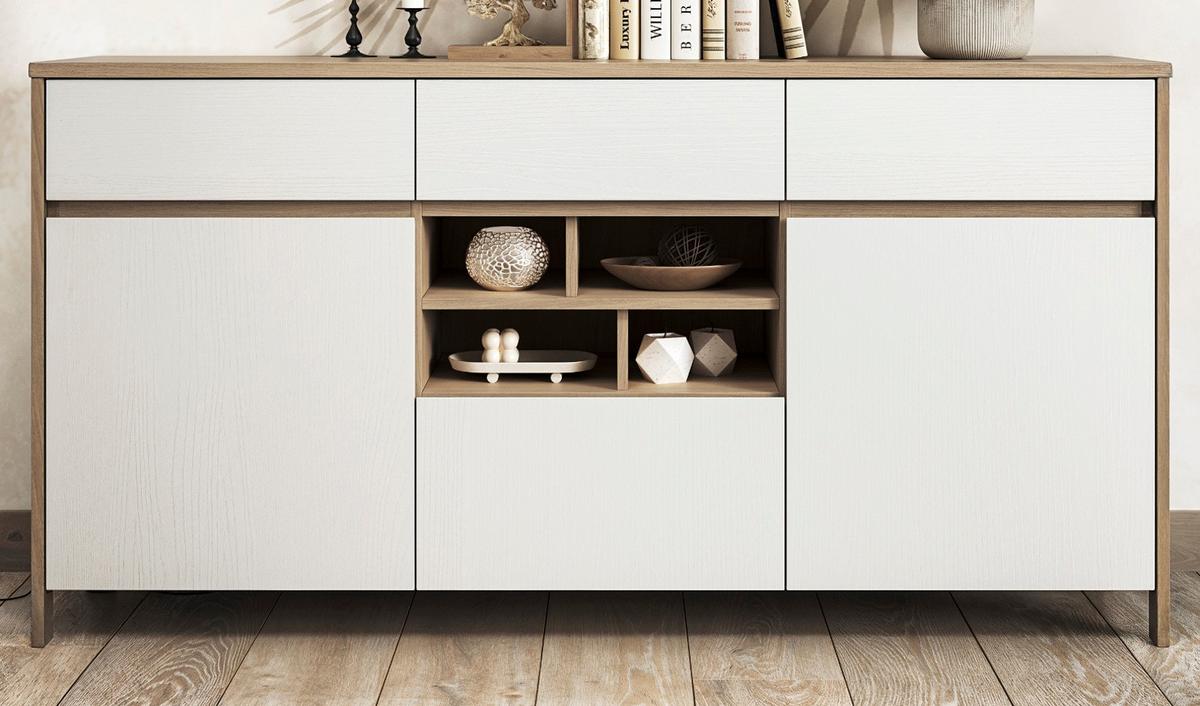 SIDEBOARD weiß und Eiche, Kommode skandinavisch 164 x 85 cm mit Soft-Close-Funktion - Eichefarben/Weiß, Holzwerkstoff/Metall (164/85/39cm) - Furn.Design