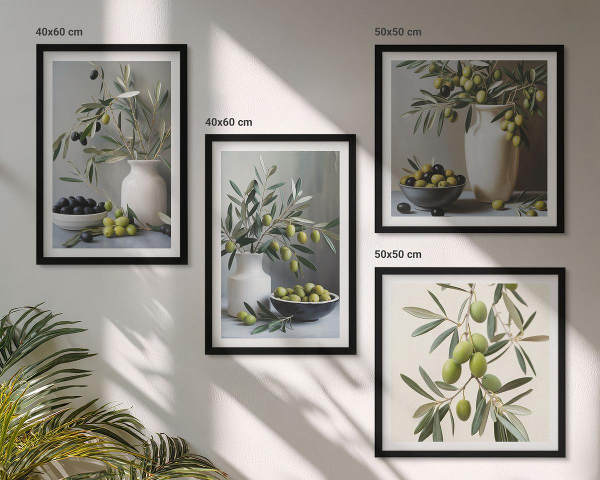 BILDER SET 4er Set - 50x50 cm & 40x60 cm Schwarzer Rahmen - Oliven in grauen Vasen - Schwarz, Kunststoff (50/50cm) - TULUP