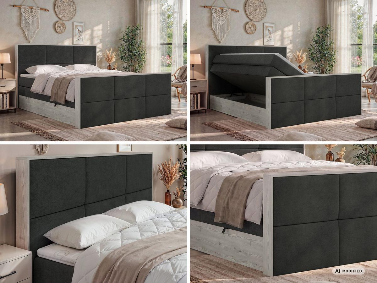 BOXSPRINGBETT DELNOR KING DUO 200/200 - Dunkelgrau Stukture - Topper Visco - H3 - Dunkelgrau/Schwarz, Kunststoff/Textil (200/200cm) - MKS