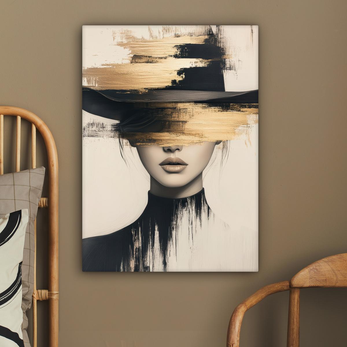 LEINWANDBILD Frau - Hut - Farbe Wandbild Wohnzimmer 60x80 cm - Goldfarben, Textil (60/80cm) - MuchoWow