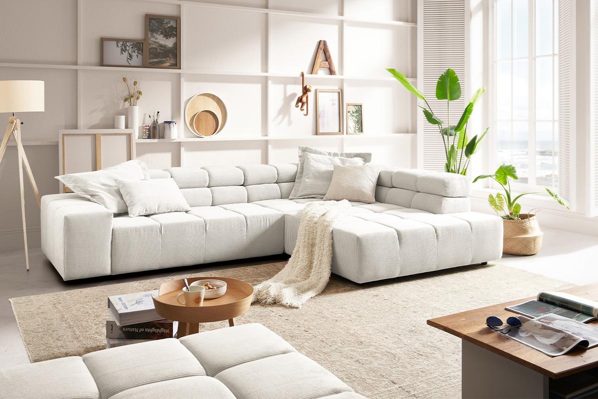 ECKSOFA NEVADA Weiß Cord - Schwarz/Weiß, Kunststoff/Textil (319/215cm) - KAWOLA