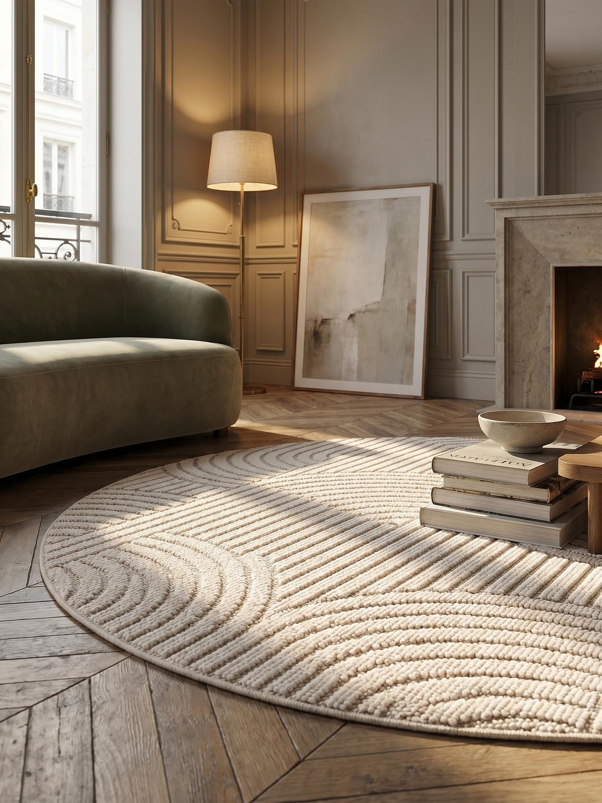 TEPPICH Flachgewebe LANGAU in Creme, mit geometrischen Bögen, Ø 80 cm - Beige, Textil (80/80cm) - KADIMA DESIGN
