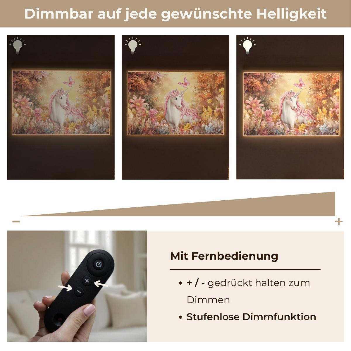 WANDLEUCHTE MIT AKKU Einhorn - Blumen - Schmetterling - Rosa 90x60 cm - Beige, Holzwerkstoff (90/60/8cm) - OnlyWow