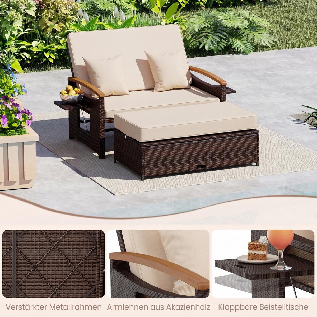 SONNENLIEGE geflochtene Doppel liege beige - Beige, Metall (164/88/72cm) - COSTWAY