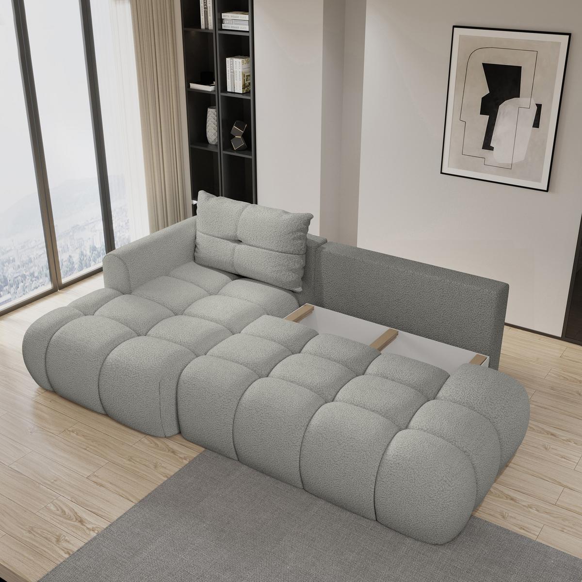 ECKSOFA FLUMA L-S Hellgrau Boucle-Stoff mit Schlaffunktion - Hellgrau, Holz (279/158cm) - MASSENO