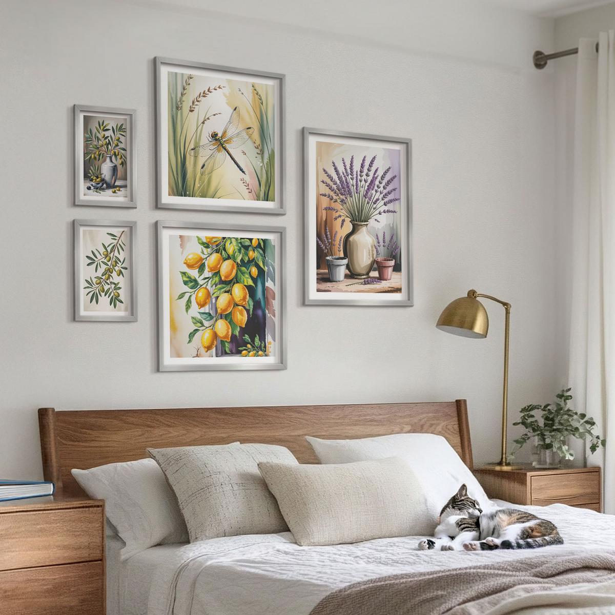 BILDER SET 5er Set - 50x50 cm & 20x30 cm & 40x60 cm Silberner Rahmen - Lavendelblüten und Architektur - Silberfarben, Kunststoff (40/60cm) - TULUP