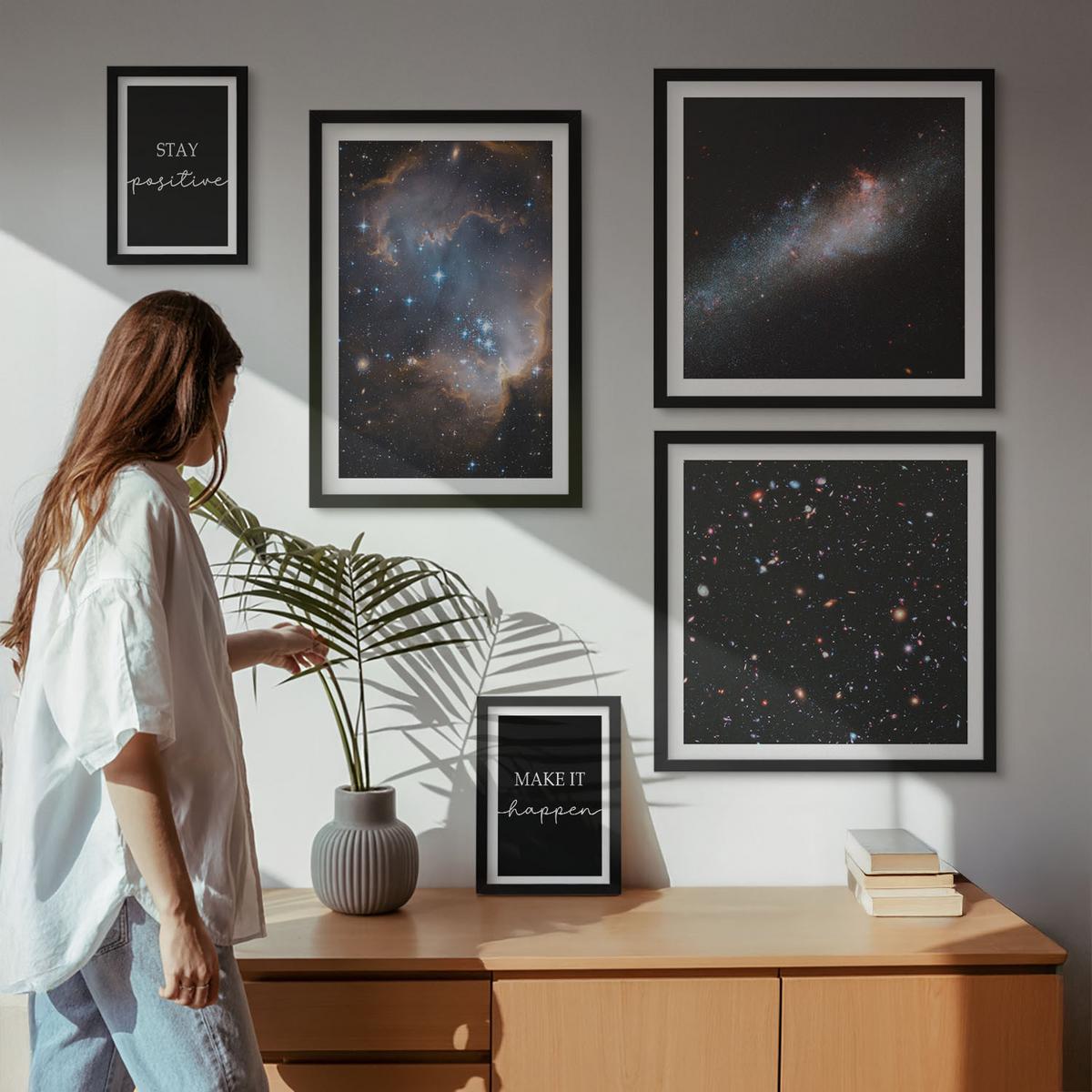 BILDER SET 5er Set - 50x50 cm & 20x30 cm & 40x60 cm Schwarzer Rahmen - Motivationsslogans Sterne Weltraum - Schwarz, Kunststoff (40/60cm) - TULUP