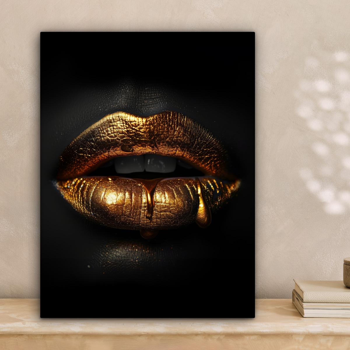 LEINWANDBILD Frau - Porträt - Lippen - Gold - Schwarz Room Decor 30x40 cm - Schwarz, Textil (30/40cm) - MuchoWow
