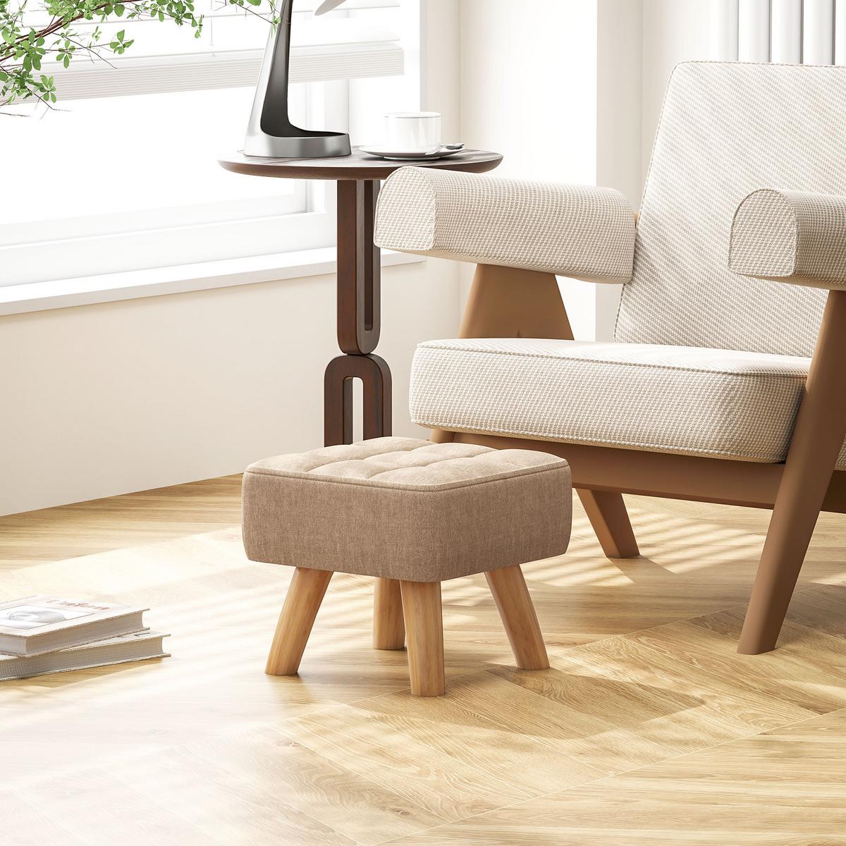 FUSSHOCKER Hocker Moderner Sitzhocker mit Leinenoptik, Holzbeine, Braun - Braun, Kunststoff (27/26/27cm) - HOMCOM