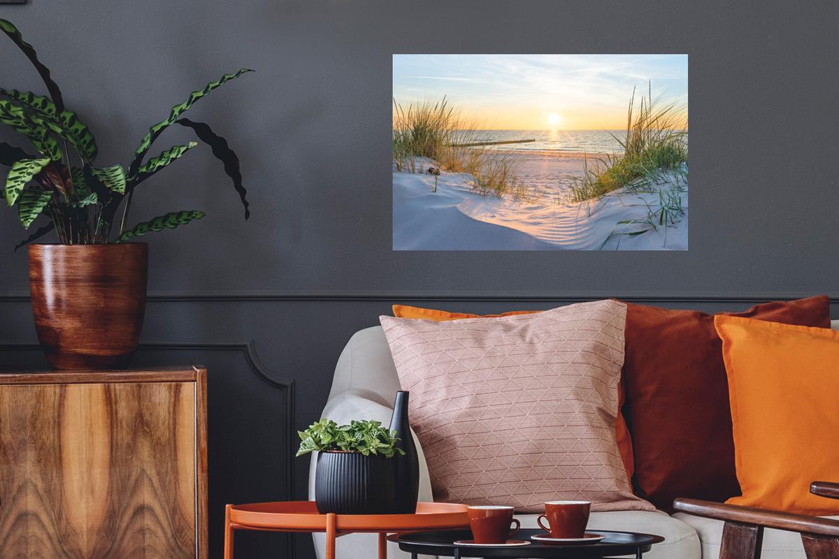 WANDTATTOO Strand - Sonne - Düne - Gras - Sand - Horizont Deko Wohnzimmer 60x40 cm - Hellblau, Kunststoff (60/40/0.1cm) - MuchoWow