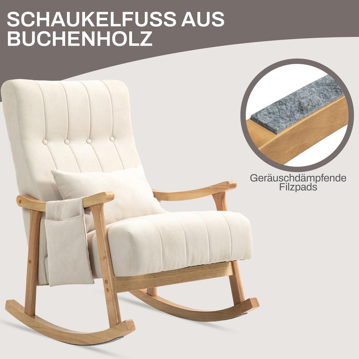 SCHAUKELSTUHL Schaukelsessel mit Lendenkissen, Seitentasche für Wohnzimmer Beige - Beige/Naturfarben, Holz/Buchenholz (65/98/90cm) - HOMCOM