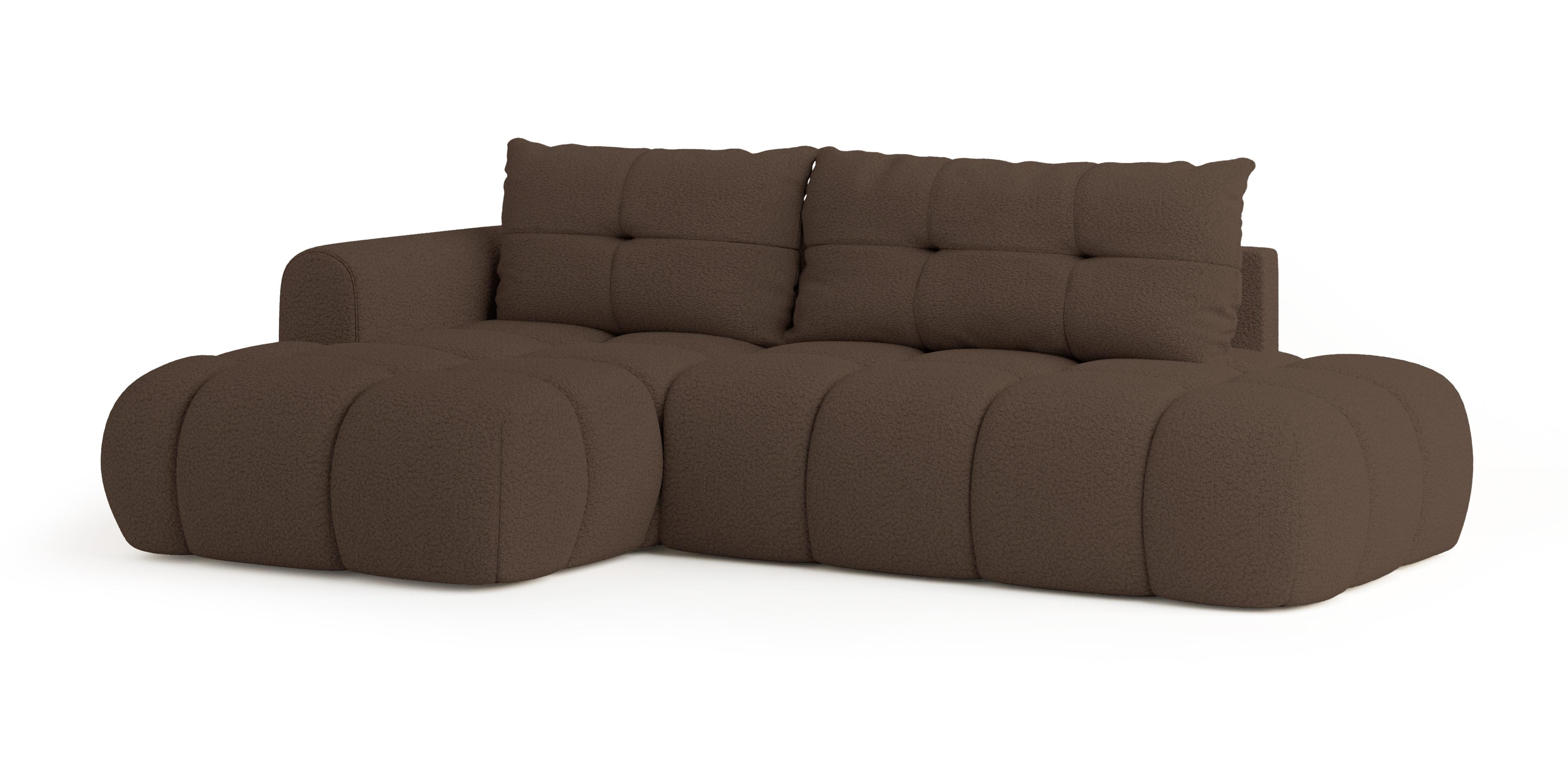 ECKSOFA FLUMA L-S Braun Boucle-Stoff mit Schlaffunktion - Braun, Holz (279/158cm) - MASSENO