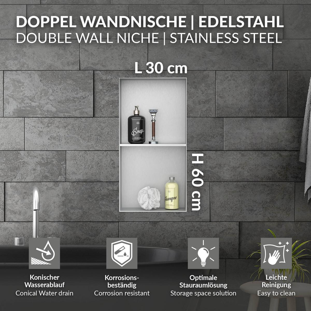 DUSCHNISCHE Silber 30/60 cm - Silberfarben, Metall (30/60/10cm) - LuxeBath