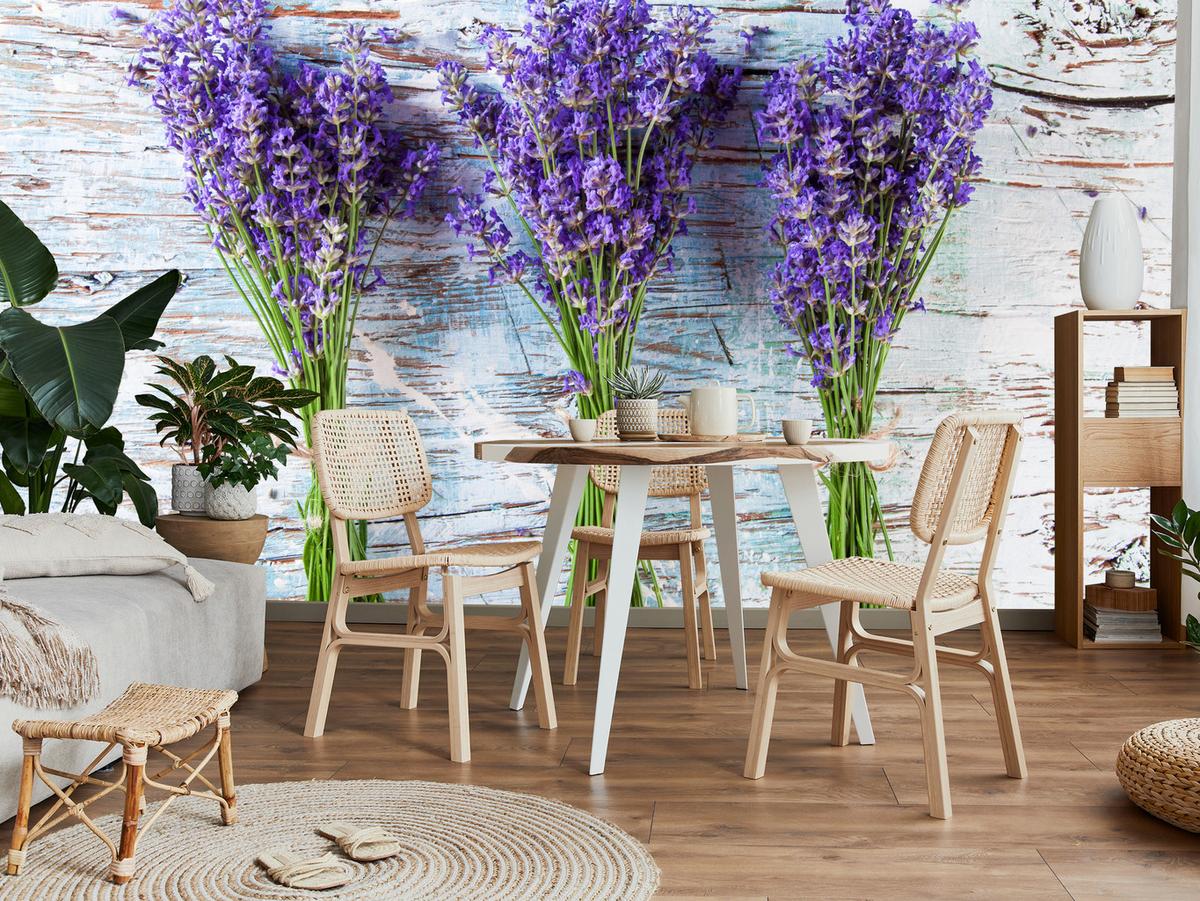 FOTOTAPETE für Küche Lavendelblüten Lila Holz Rustikal 300x210 - Violett/Weiß, Papier (300/210cm) - Muralo