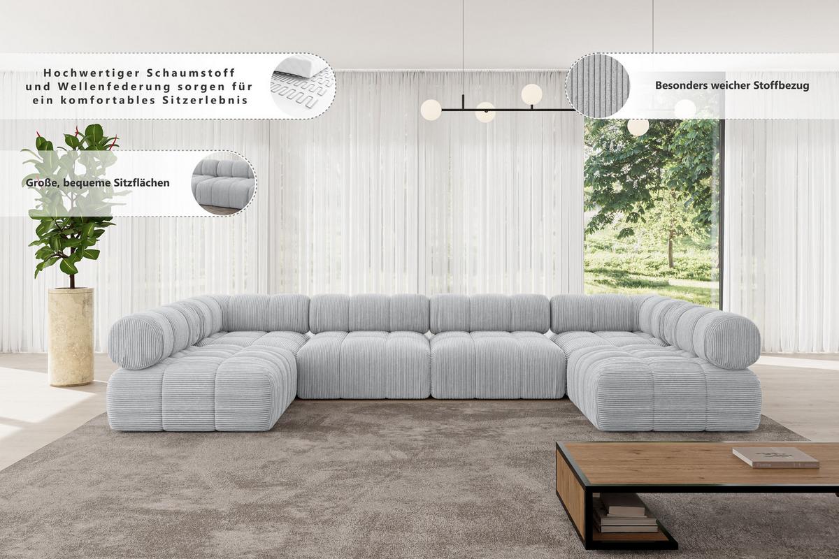 WOHNLANDSCHAFT modulares Sofa Garvo-U2 - 380x190x70 cm Grau Bouclé - Grau, Holzwerkstoff/Textil (380/70/190cm) - ALTDECOR