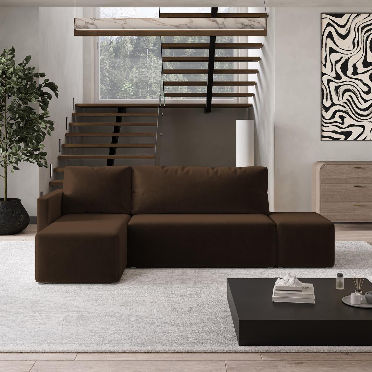 ECKSOFA VELOTTI L-S Braun Plüsch-Stoff mit Schlaffunktion - Braun, Holz (261/143cm) - MASSENO