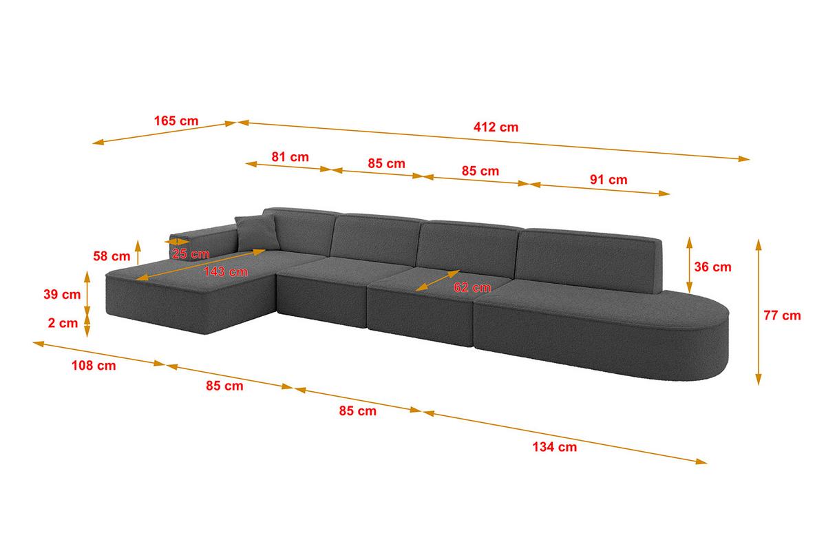 ECKSOFA Ottomane Links IREA-L3-v4 - 412x165x77 cm Grau - Dunkelgrau/Olivgrün, Holzwerkstoff/Textil (412/165cm) - ALTDECOR