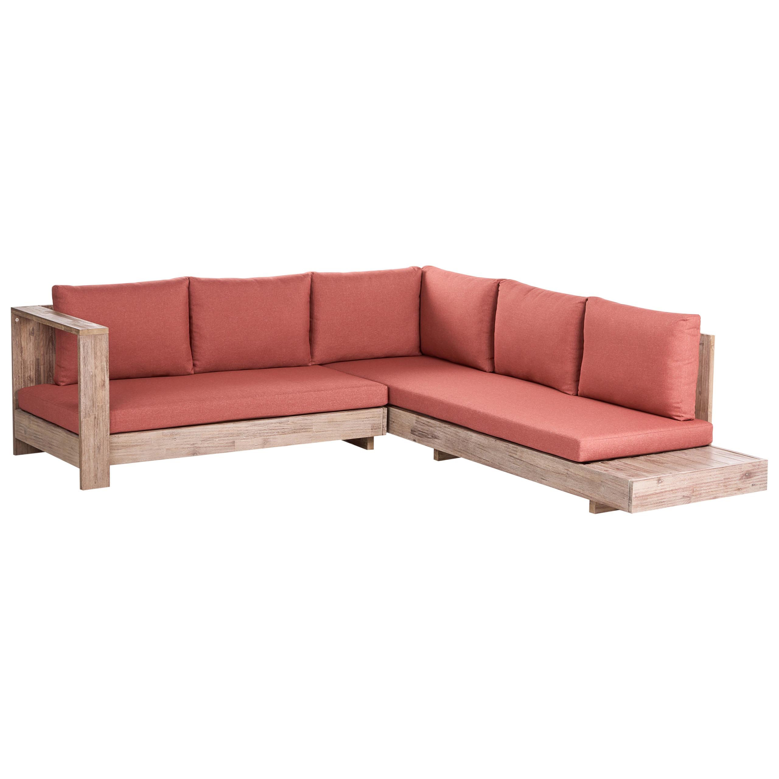 GARTENECKSOFA 5-Sitzer zertifiziertes Akazienholz rechtsseitig Rot Marettimo - Hellbraun/Rot, Holz (225/64/212cm) - Beliani