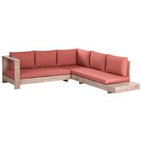 GARTENECKSOFA 5-Sitzer zertifiziertes Akazienholz rechtsseitig Rot Marettimo - Hellbraun/Rot, Holz (225/64/212cm) - Beliani
