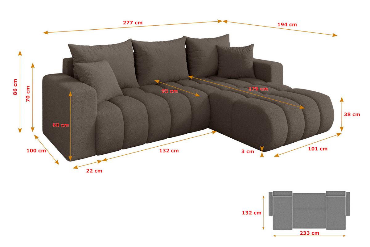 ECKSOFA mit Schlaffunktion Ottomane Rechts MILA-L-v1 277x195x86 Braun Bouclé - Schwarz/Braun, Holzwerkstoff/Kunststoff (277/194cm) - ALTDECOR
