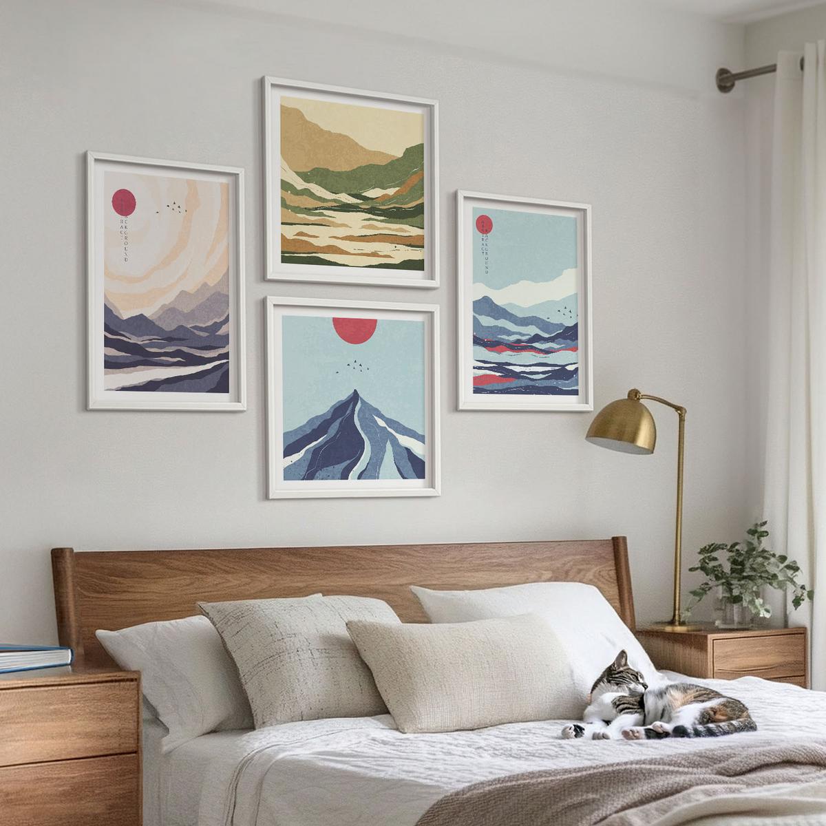 BILDER SET 4er Set - 50x50 cm & 40x60 cm Weißer Rahmen - Abstrakte Berglandschaften - Weiß, Kunststoff (50/50cm) - TULUP