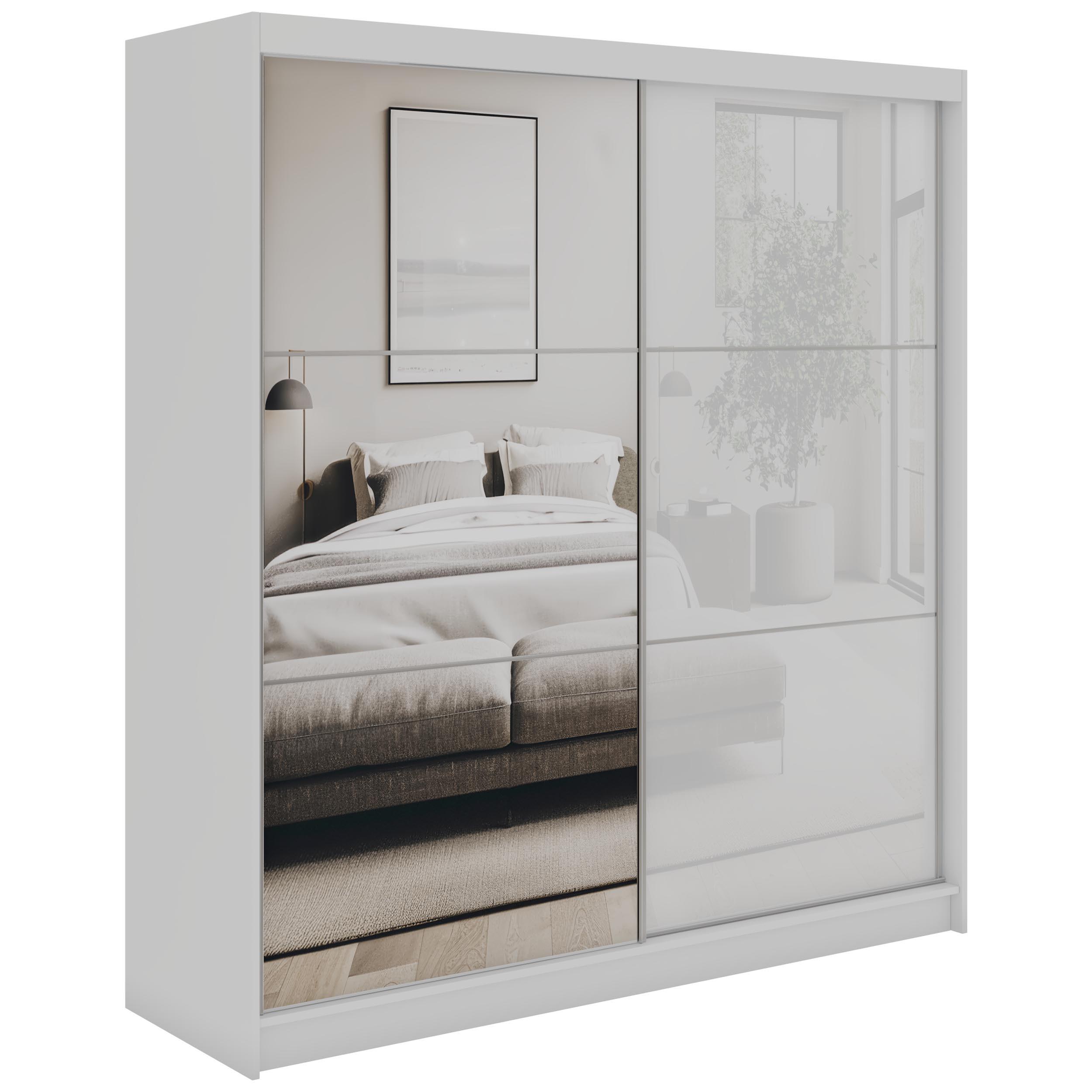 SCHWEBETÜRENSCHRANK mit Spiegel und Schubladen - WALENCJA - 200 - Weiß lacobel - Alufarben/Weiß, Holzwerkstoff/Metall (200/216/61cm) - MKS