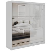 SCHWEBETÜRENSCHRANK mit Spiegel und Schubladen - WALENCJA - 200 - Weiß lacobel - Alufarben/Weiß, Holzwerkstoff/Metall (200/216/61cm) - MKS