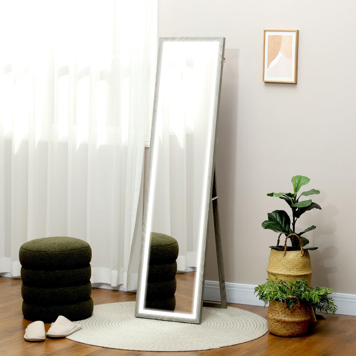 GANZKÖRPERSPIEGEL 40 x 160 cm Standspiegel mit LED-Lichte, 3 Lichtfarben, Grau - Grau, Glas (5/160/40cm) - HOMCOM