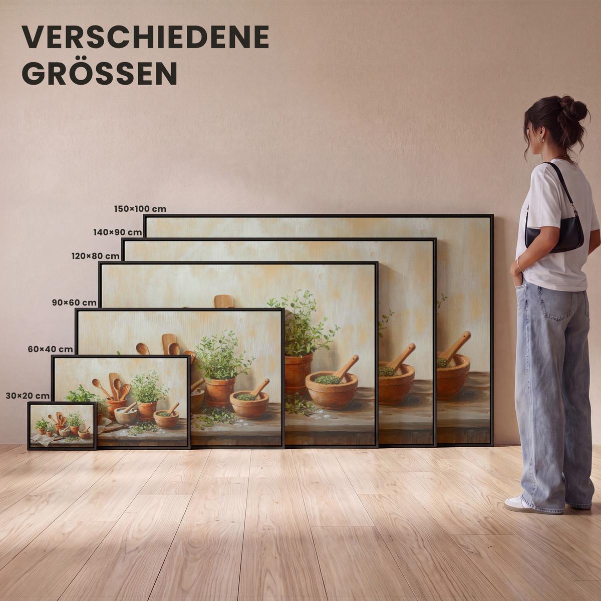 LEINWAND Bilder mit Rahmen - Töpfe - Kräuter - Holz - 30x20 - Terracotta, Textil (30/20cm) - MuchoWow