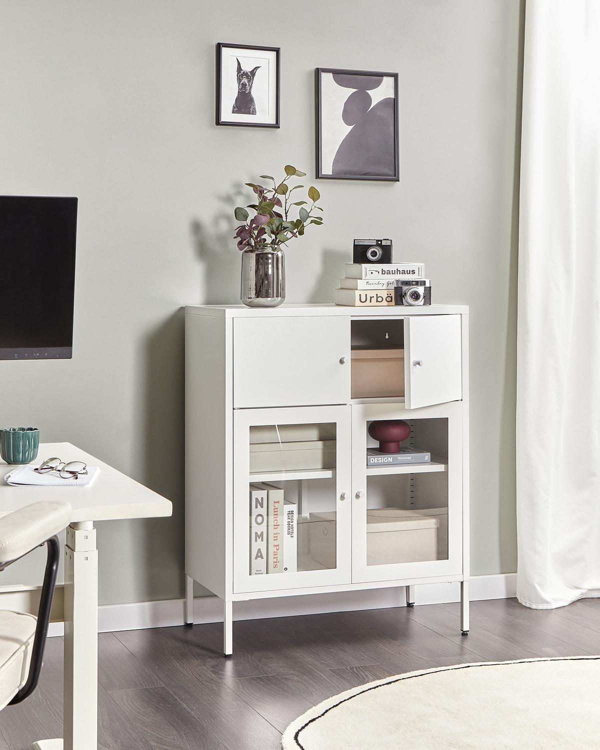 SIDEBOARD mit Glastüren Metall 80 cm Weiß Esholt - Weiß, Metall (80/102/40cm) - Beliani