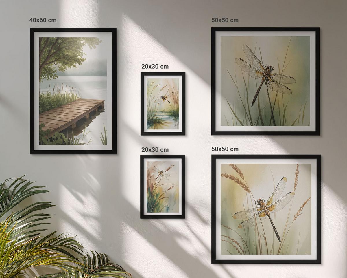 BILDER SET 5er Set - 50x50 cm & 20x30 cm & 40x60 cm Schwarzer Rahmen - Libellengräser über dem Wasser - Schwarz, Kunststoff (40/60cm) - TULUP