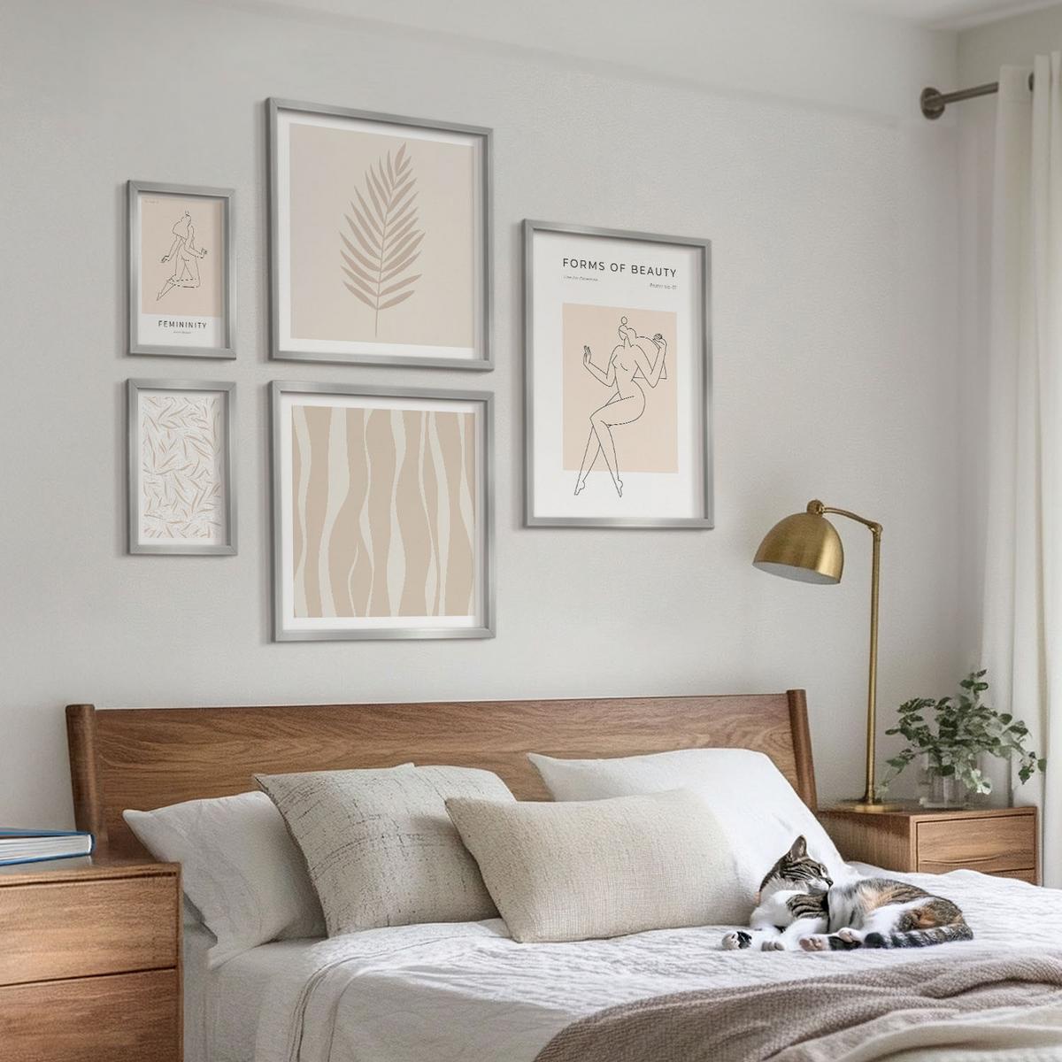 BILDER SET 5er Set - 50x50 cm & 20x30 cm & 40x60 cm Silberner Rahmen - Minimalistische Pflanzenmotive - Silberfarben, Kunststoff (40/60cm) - TULUP