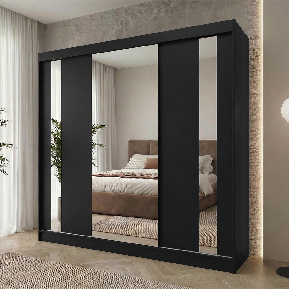 SCHWEBETÜRENSCHRANK Gaja 240/216/61 schwarz mit Spiegel - Schwarz, Holzwerkstoff (240/216/61cm) - Beautysofa