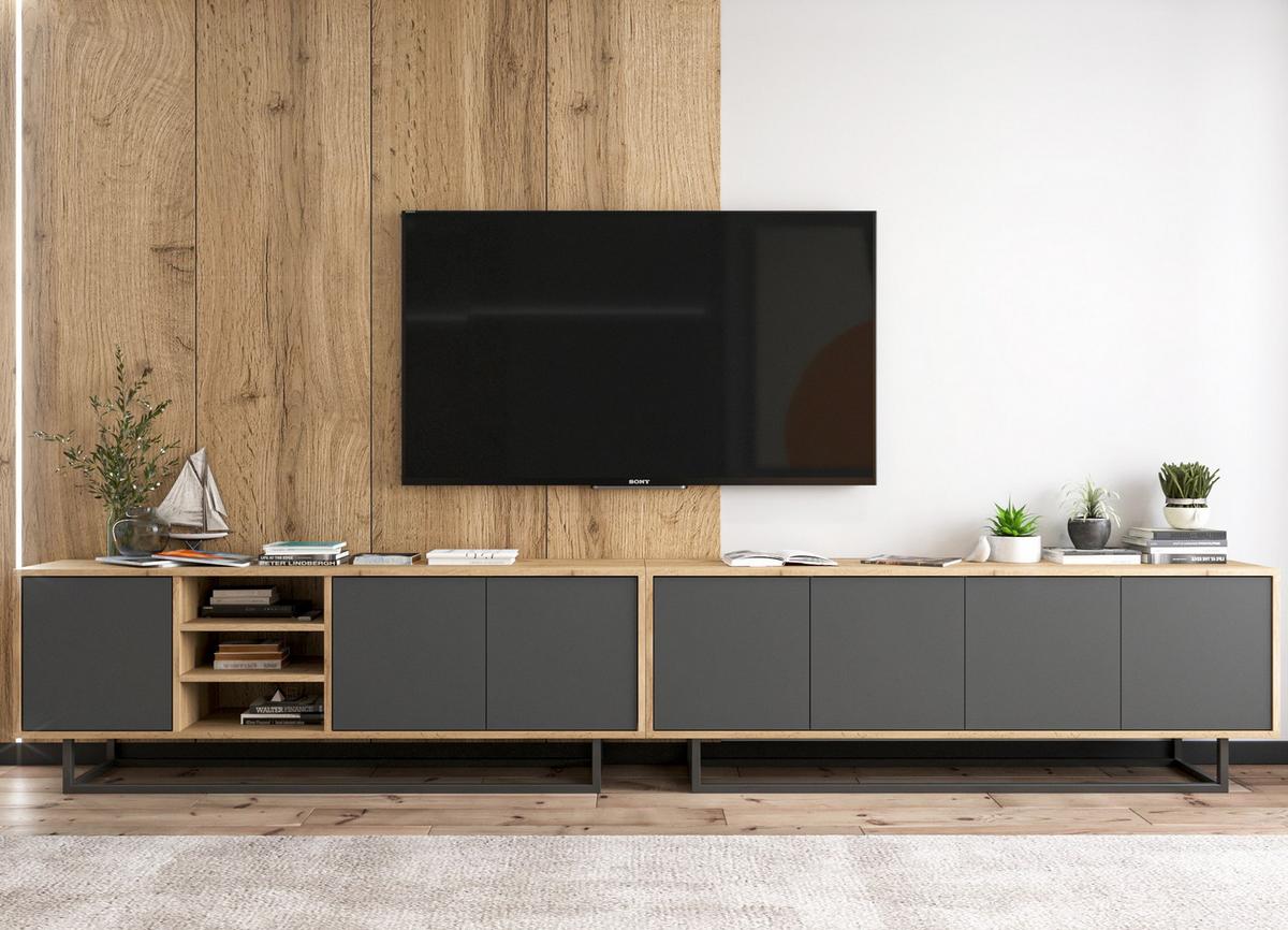 TV-SCHRANK 2-er Set Apollo Eiche wotan Graphit Matt 150 cm - Graphitfarben/Schwarz, Holzwerkstoff/Metall (300/53/35cm) - Meble Lindner