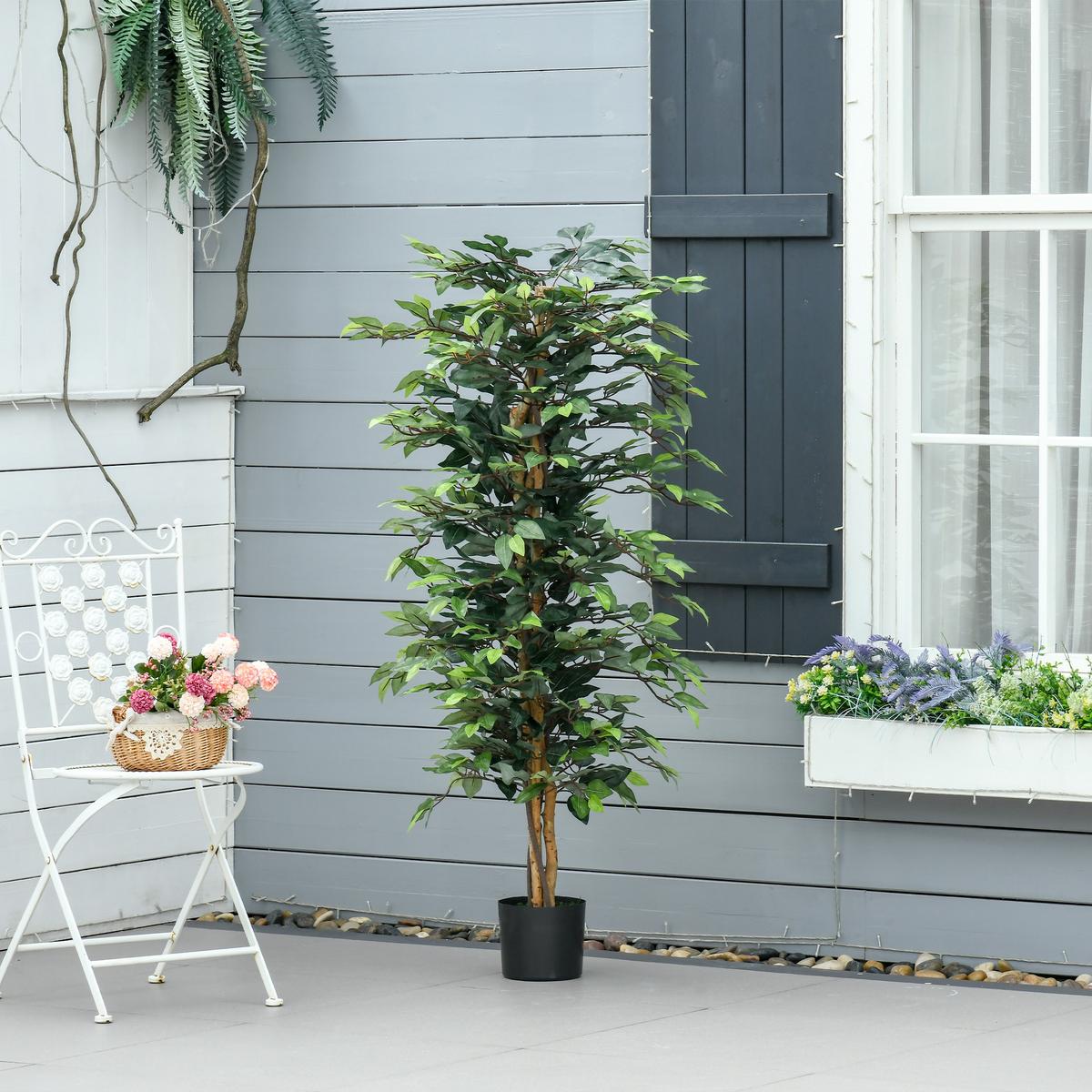 KUNSTPFLANZEN im Topf 150 cm künstlicher Ficus-baum Kunstbaum Zimmerpflanze - Grün, Kunststoff (150cm) - HOMCOM
