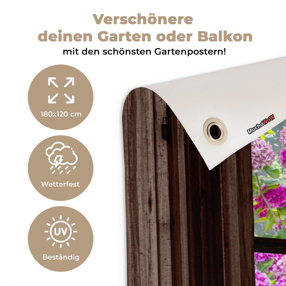 GARTENPOSTER Hortensie - Durchsichtig - Blumen - Lila - Natur - Dunkelbraunes Fenster Poster für draußen 180x120 cm - Dunkelbraun, Kunststoff (180/120/0.2cm) - OnlyWow