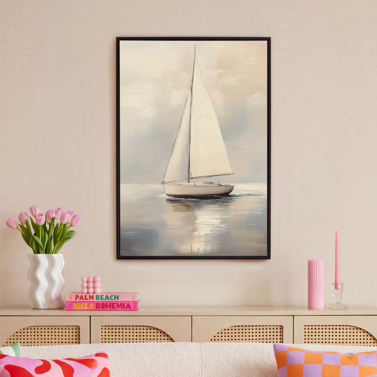 LEINWAND Bilder mit Rahmen - Segelschiff - Meer - Bewölkt - 60x90 - Creme, Textil (60/90cm) - MuchoWow