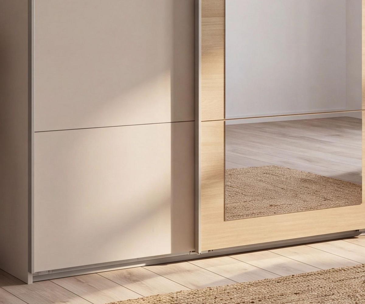 SCHWEBETÜRENSCHRANK 3-türig B225/H208/64 cm Kleiderschrank in Beige Grau, Spiegel umrahmt in Eiche Natur, Griffe Beige Grau / 22625 - Beige/Grau, Holzwerkstoff/Metall (225/208/64cm) - luma-home