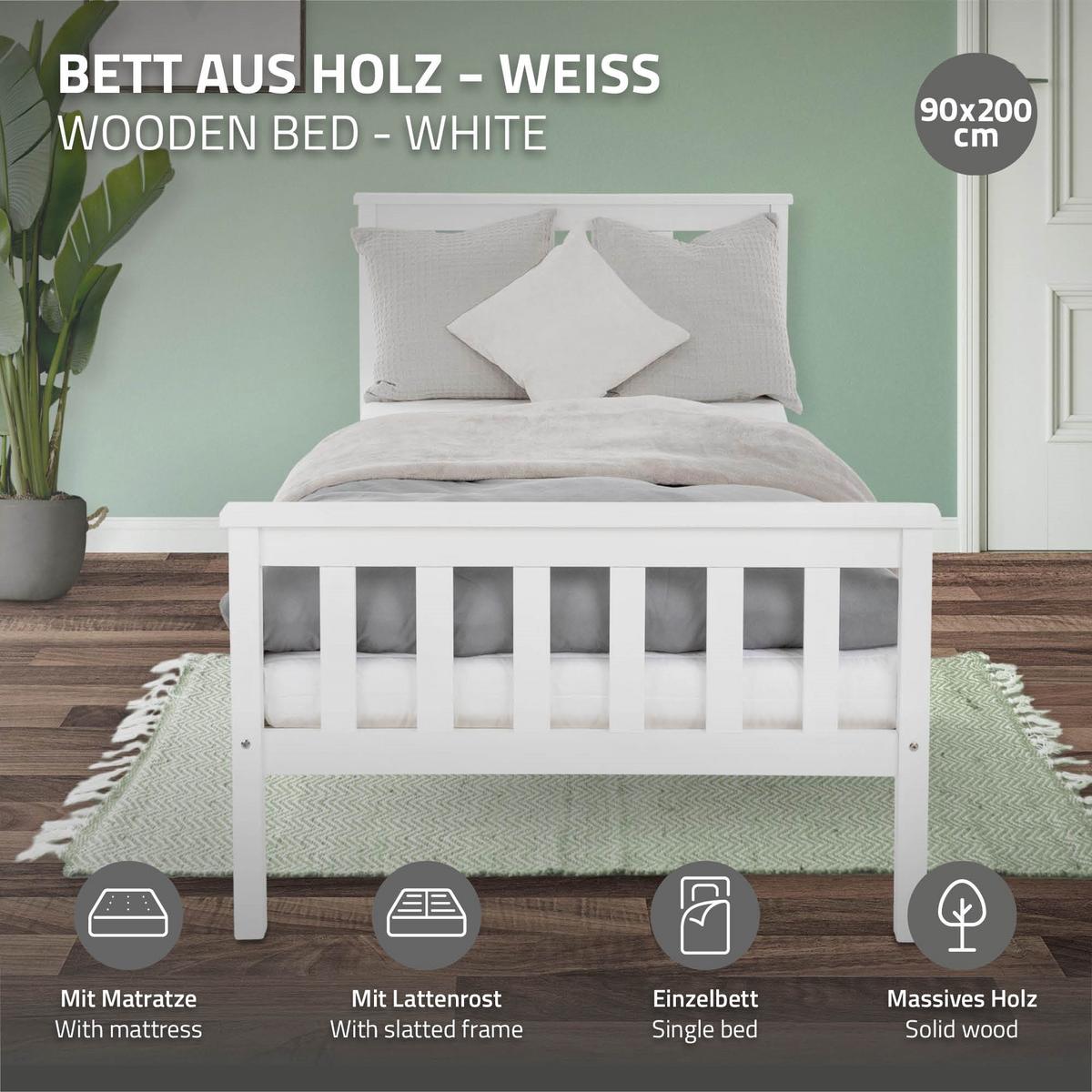 HOLZBETT mit Matratze 90x200 cm Weiß aus Kiefernholz - Weiß, Holz (90/200cm) - ML-DESIGN