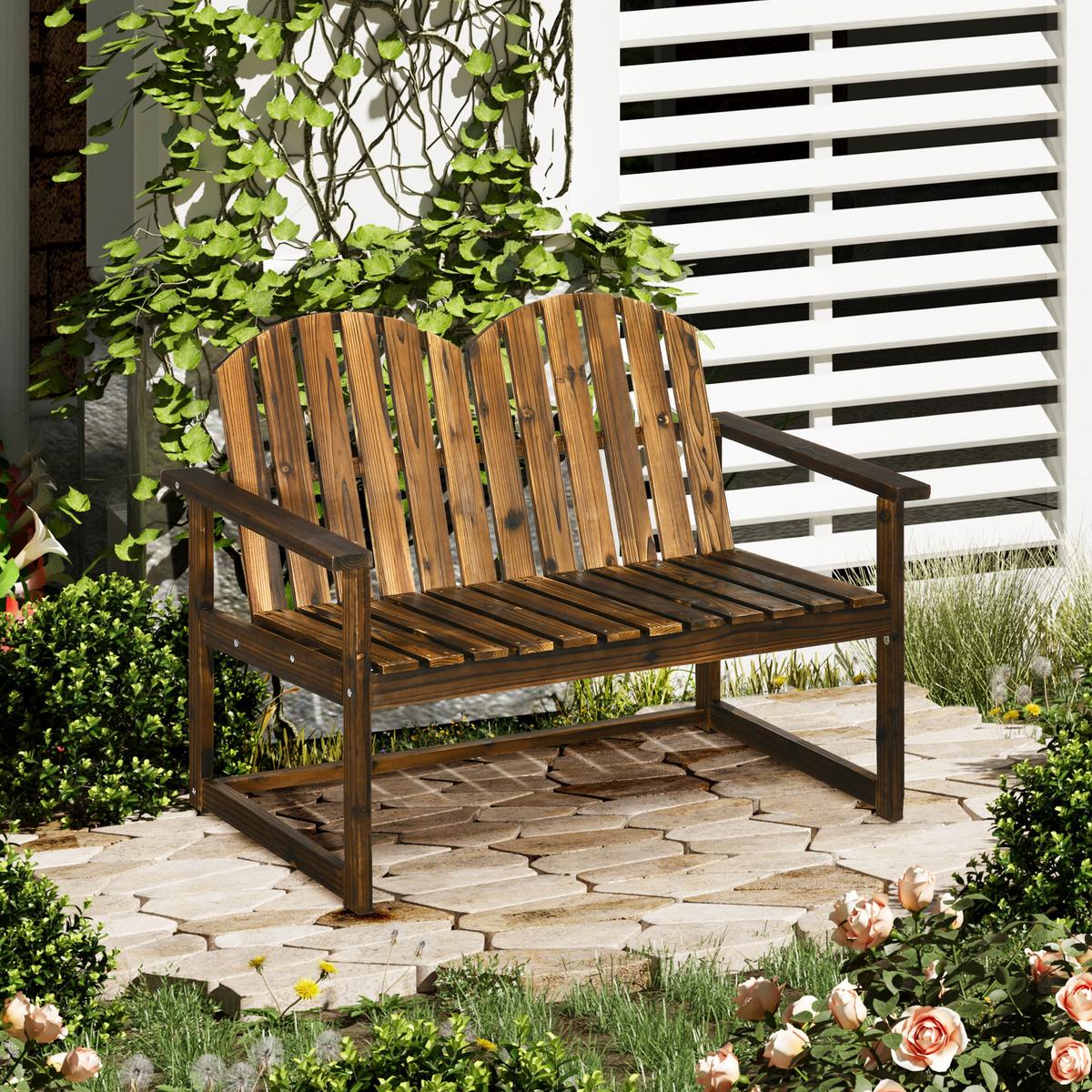 GARTENBANK, 2-Sitzer Sitzbank, Holzbank mit Rückenlehne, Armlehne, Parkbank, Verkohlt - Dunkelbraun, Holz (63/86/114cm) - Outsunny