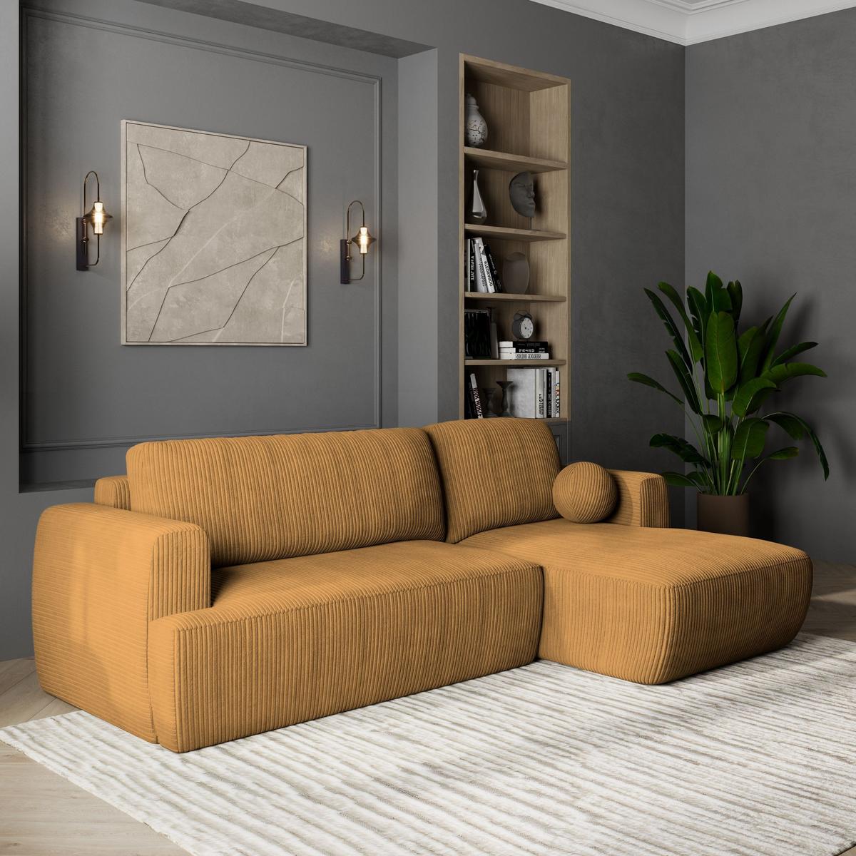 ECKSOFA SENTI P R-S Gelb Kordstoff mit Schlaffunktion - Gelb/Schwarz, Holz/Kunststoff (246/148cm) - MASSENO