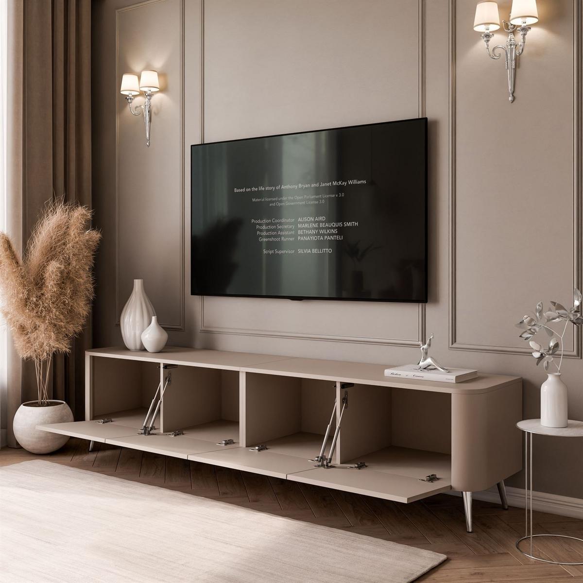TV-SCHRANK CELESTE PUSH OPEN mit Beleuchtung auf Schräge chromfarbene Füßen - Kaschmir, Holzwerkstoff (200/46.5/40cm) - Lookway