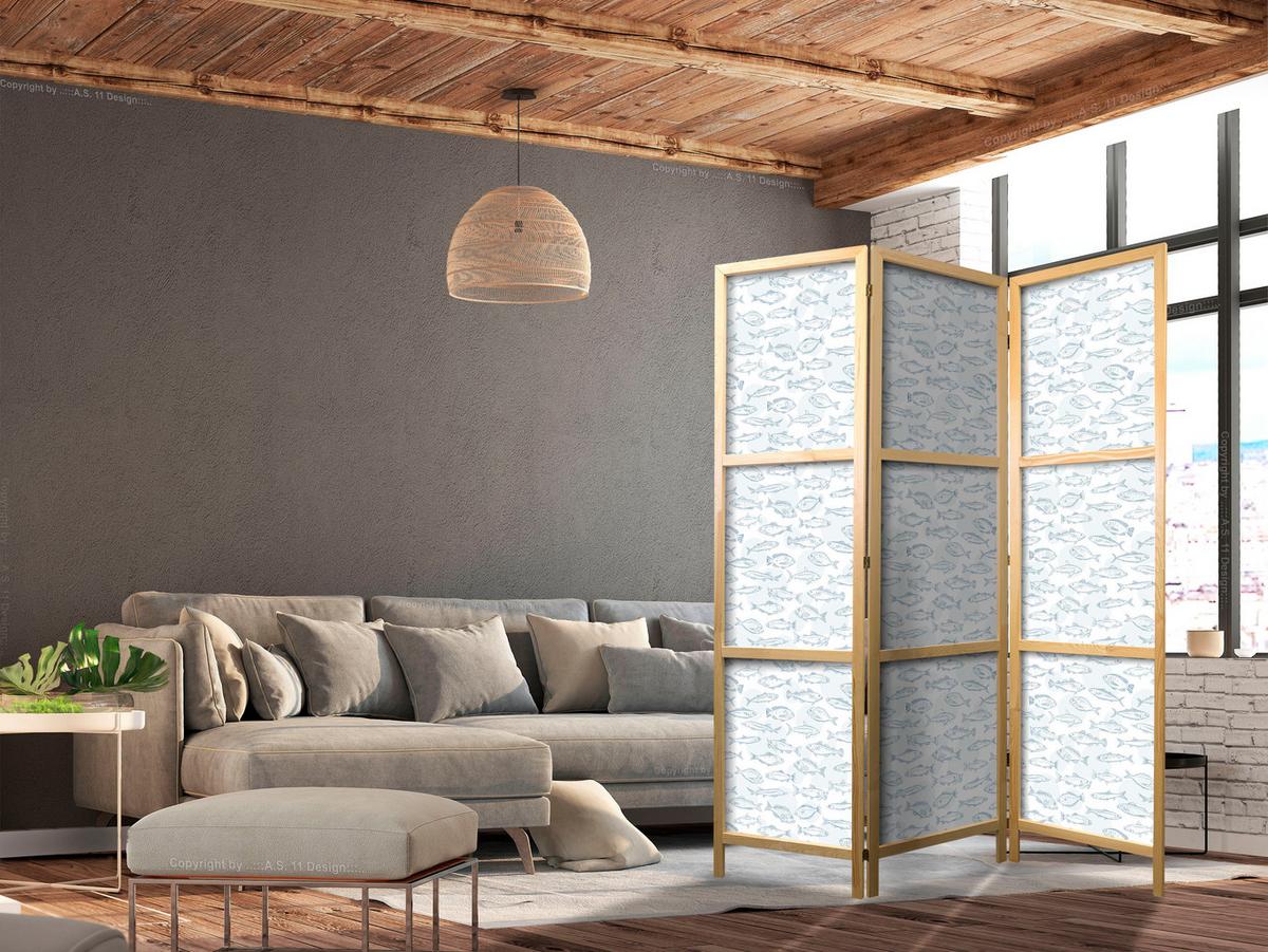 PARAVENT Japanischer 3-tlg 135x172 cm Fische Natur - Blau, Holz/Textil (135/172/3cm) - Muralo