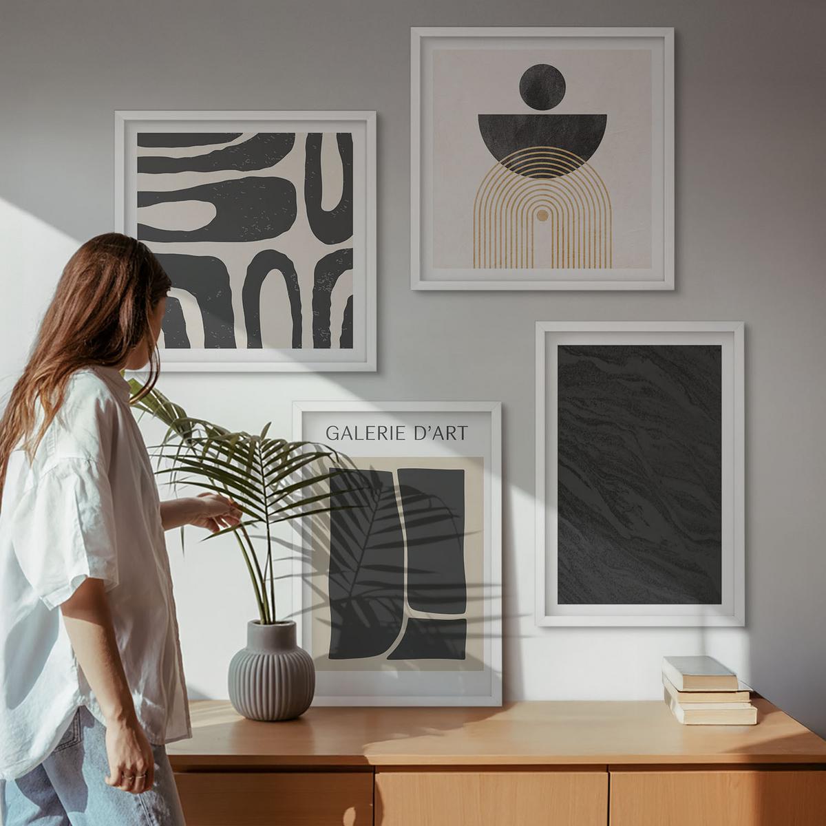 BILDER SET 4er Set - 50x50 cm & 40x60 cm Weißer Rahmen - Abstrakte Marmorformen - Weiß, Kunststoff (50/50cm) - TULUP