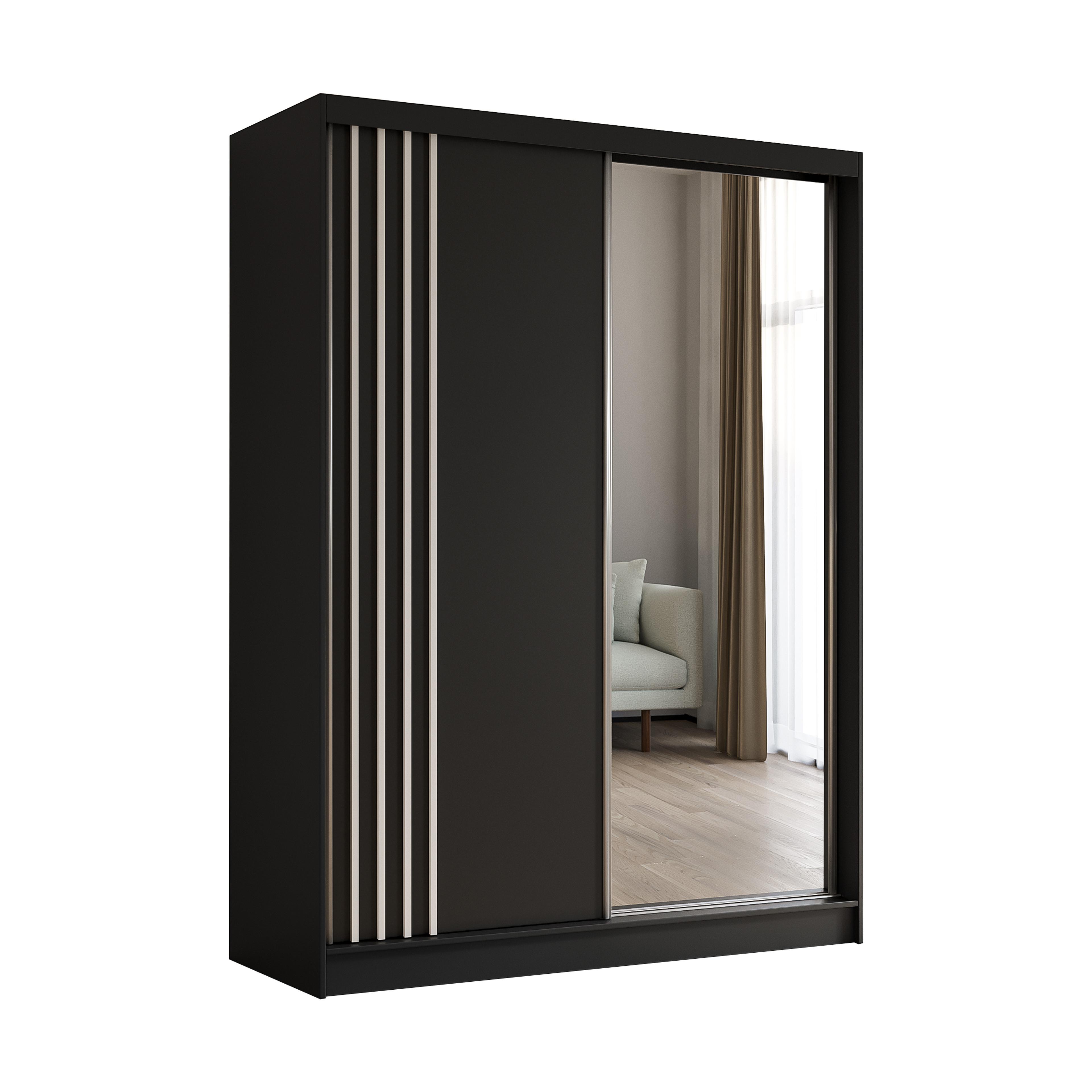 KLEIDERSCHRANK mit Spiegel-Schiebetüren und Aluminium-Leisten, LED-Beleuchtung - NALLA - 160 cm Schwarz+Schwarz+Weiß - Schwarz/Weiß, Holzwerkstoff (160/216/61cm) - ALTDECOR