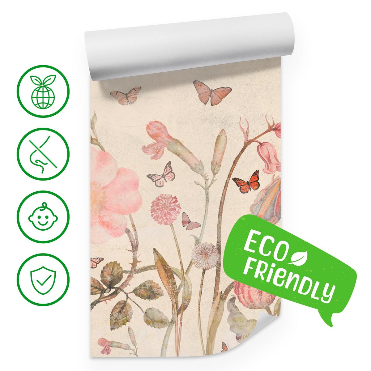 FOTOTAPETE für Kinderzimmer Wiesenblumen Aquarell Schmetterlinge Boho 450x315 - Beige/Rot, Papier (450/315cm) - Muralo